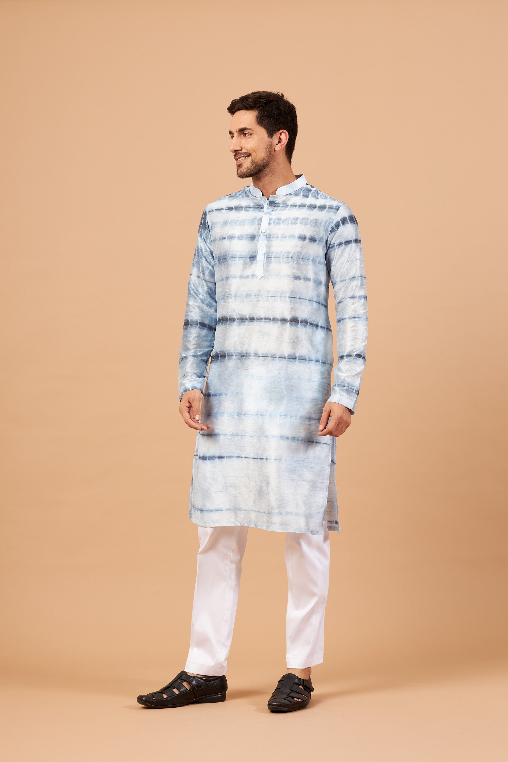 Men's Navy Blue & White Color Blutin Navy Blue Tie & Die Kurta Semi Rawsilk Mix
