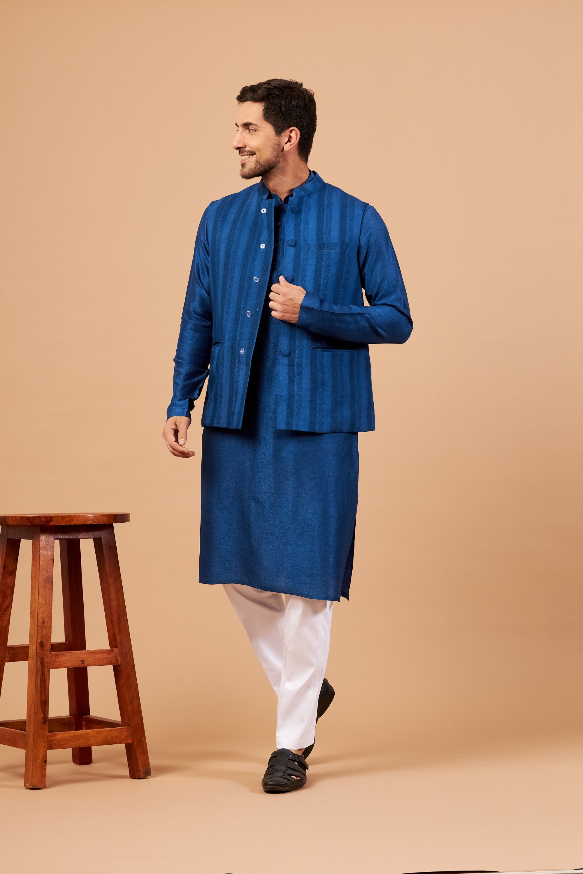 Men's Blue Color Nehru Jacket With Kurta Pant Set