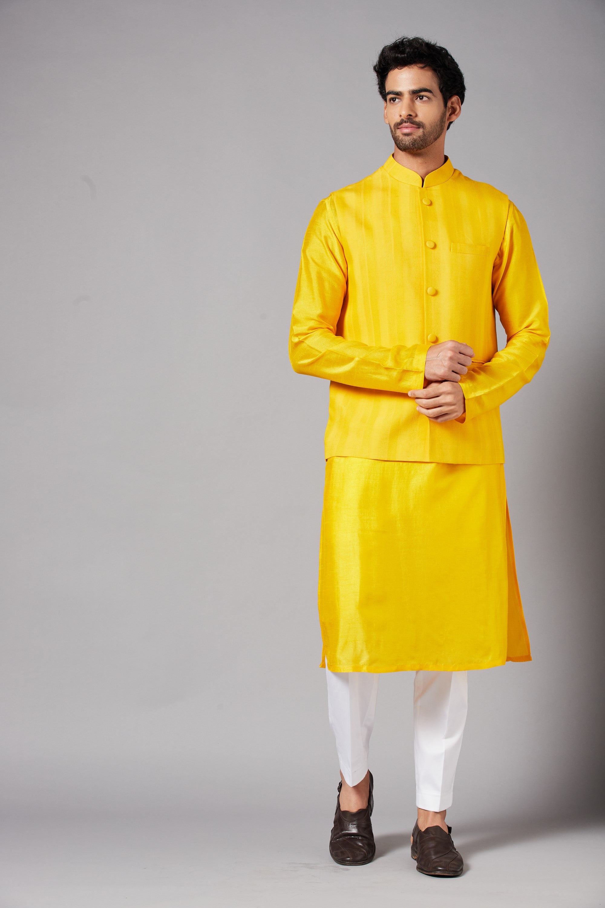 Men's Mustard Color Nehru Jacket With Kurta Pant Set