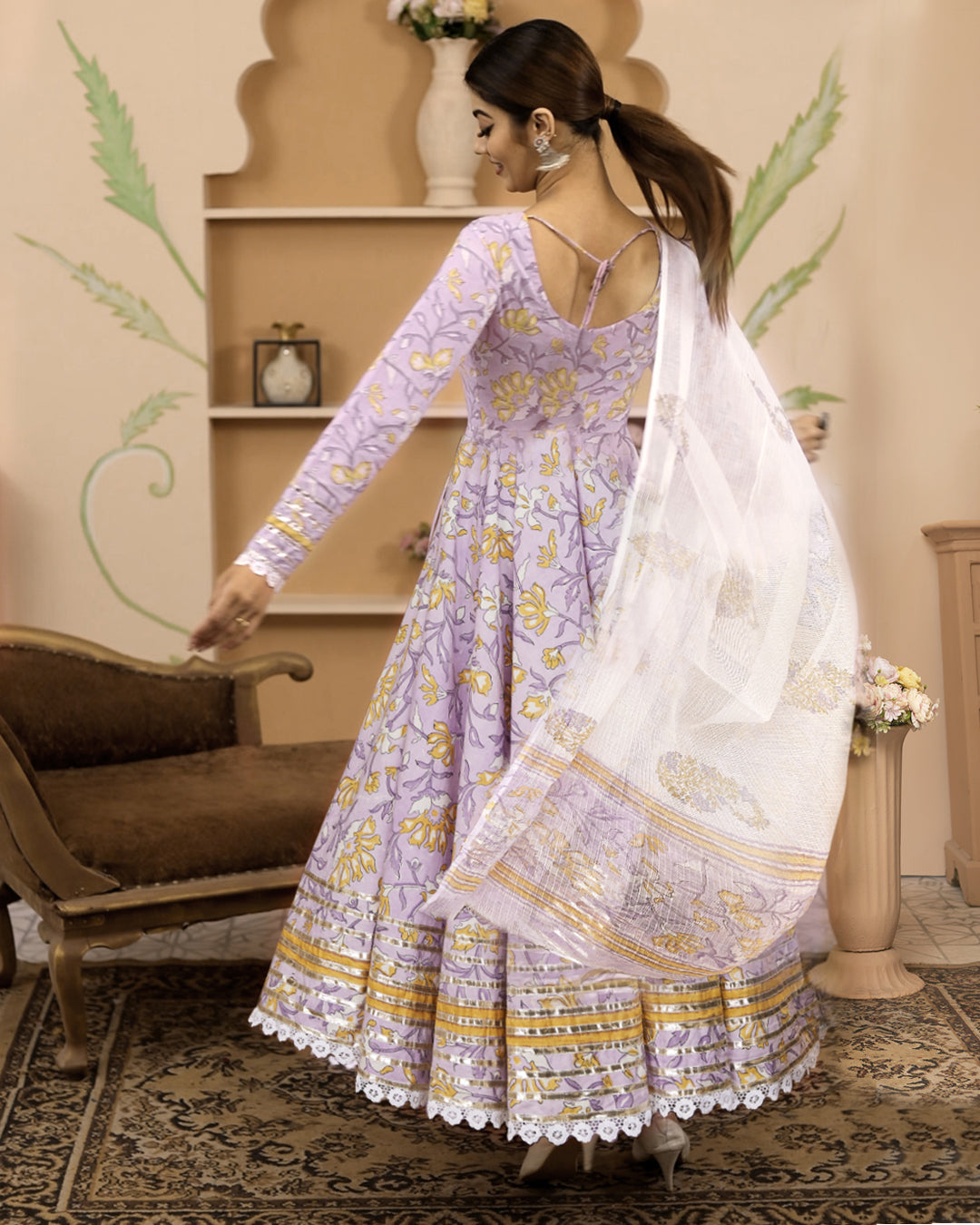 Women's Hand block Printed Lavender Anarkali Cotton Kurta With Trousers & Dupatta
