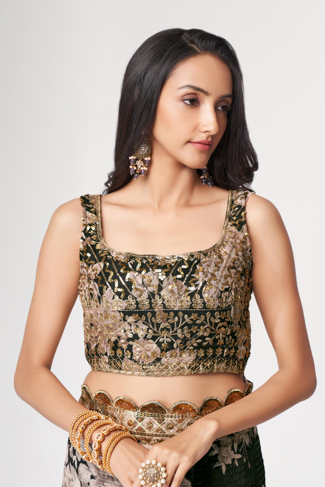 Women's Black Organza Print Saree