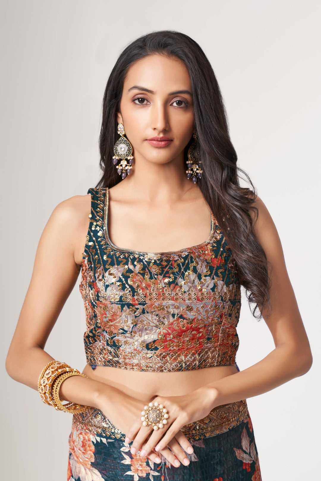 Women's Dove Blue Organza Print Saree