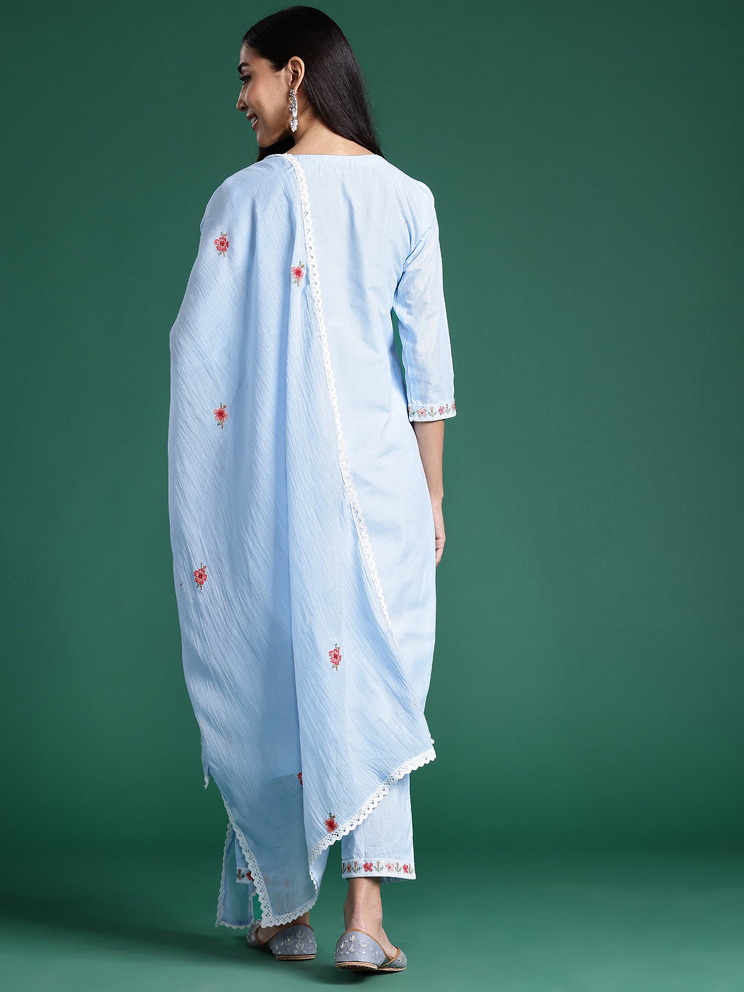 Women's Blue Embroidered Straight Kurta Trousers With Dupatta Set