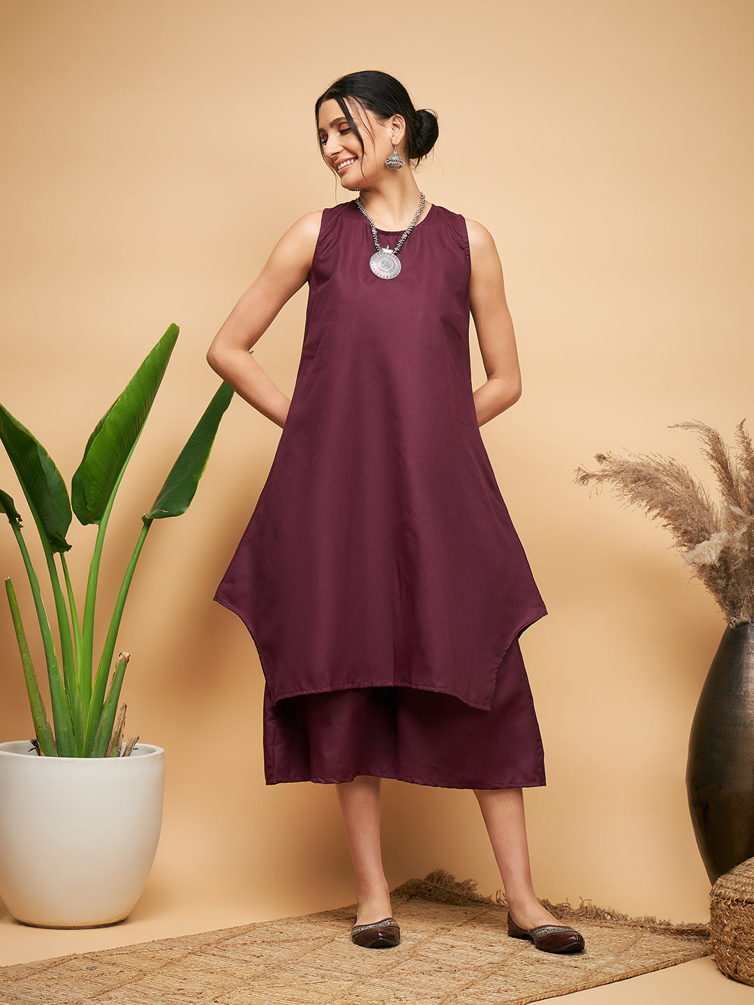 Women's Wine Solid Short Kurta Palazzo Set
