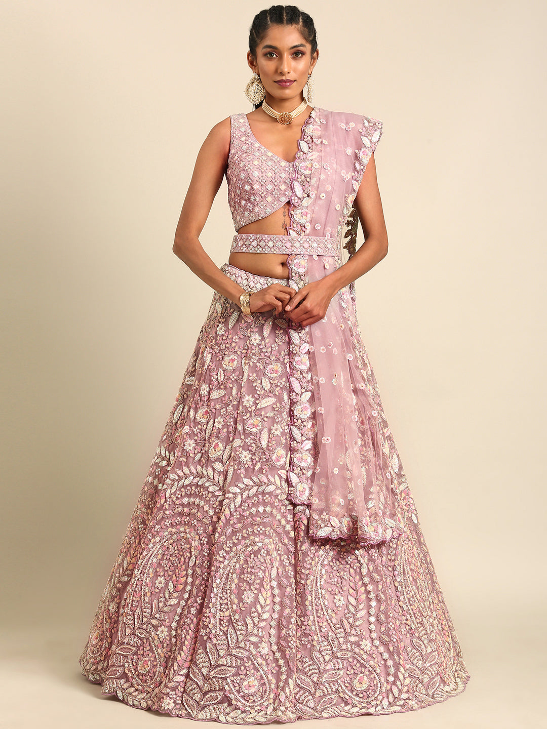 Women 's Mauve Net Multi Sequins with heavy Zarkan embroidery Ready to Wear Lehenga choli & Dupatta
