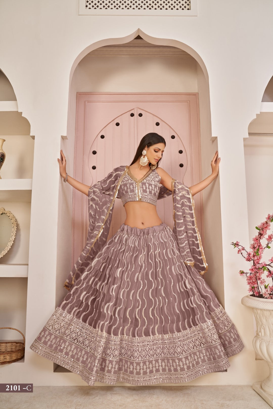 Women's Pink Net Thread Embroidery Lehenga Set