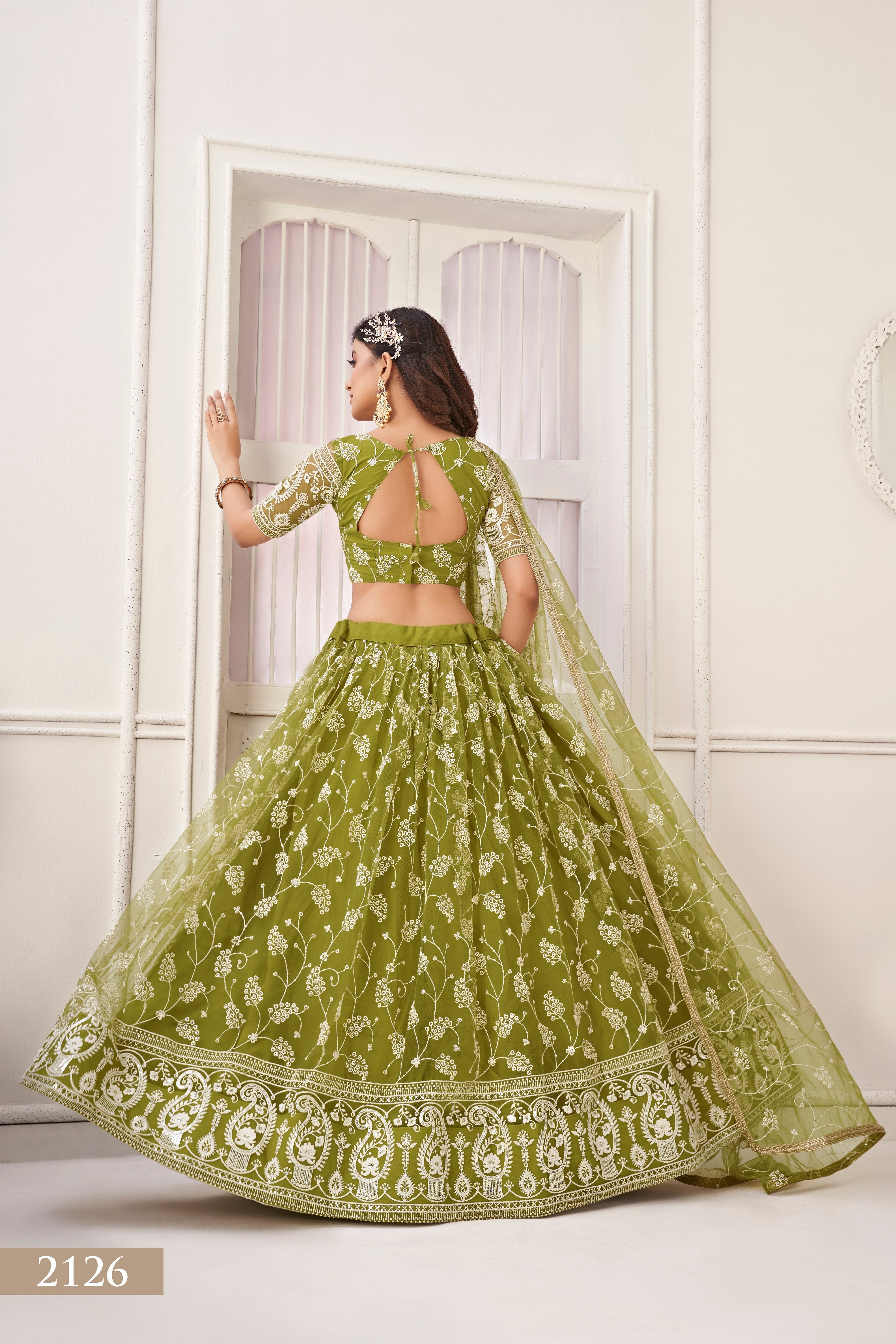 Women's Olive Green Net Thread Embroidery Lehenga Set