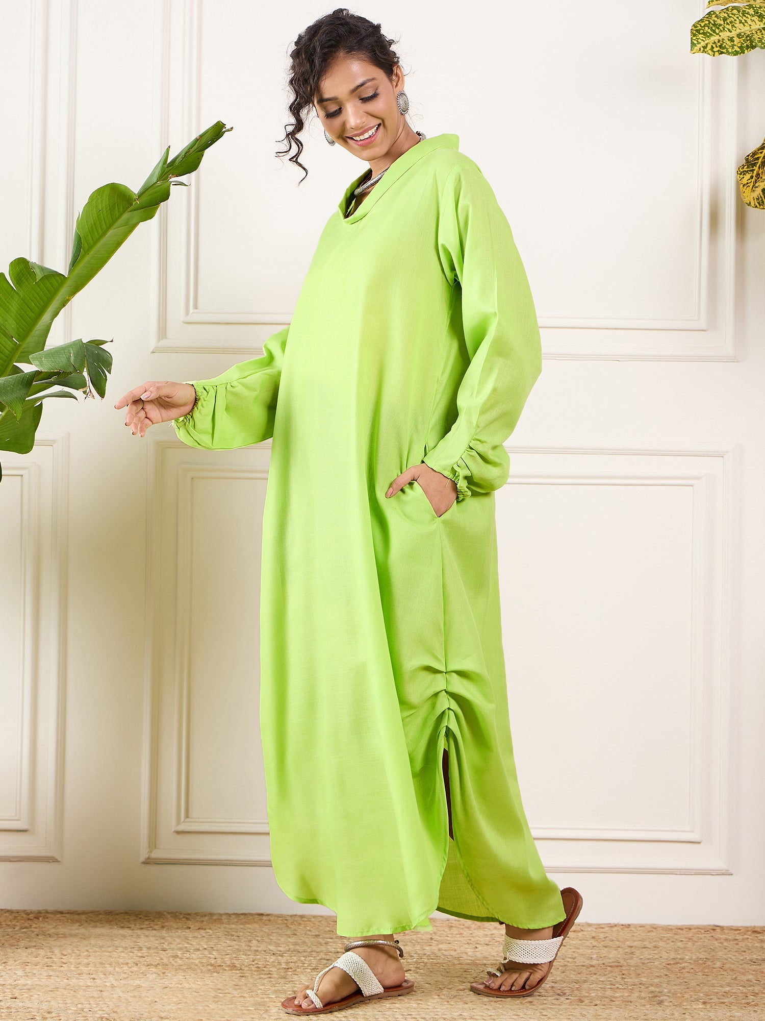 Women's Neon Green Shawl Neck Long Side Pleat Dress
