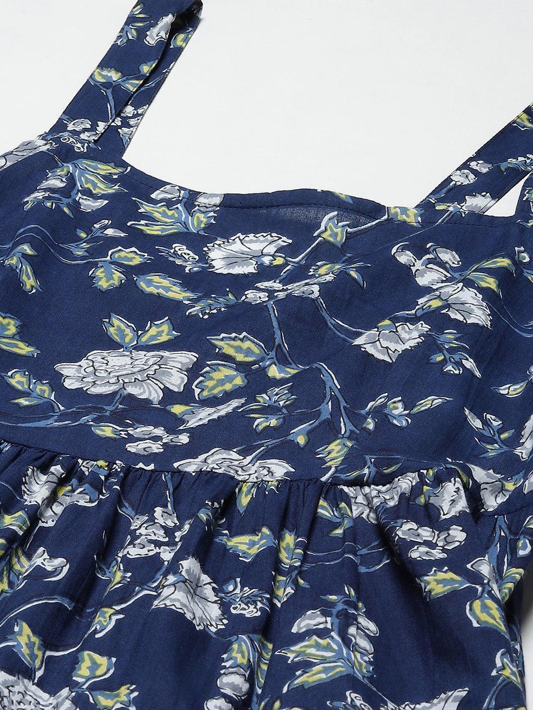 Women's Blue Floral Shoulder Strip Long Dress