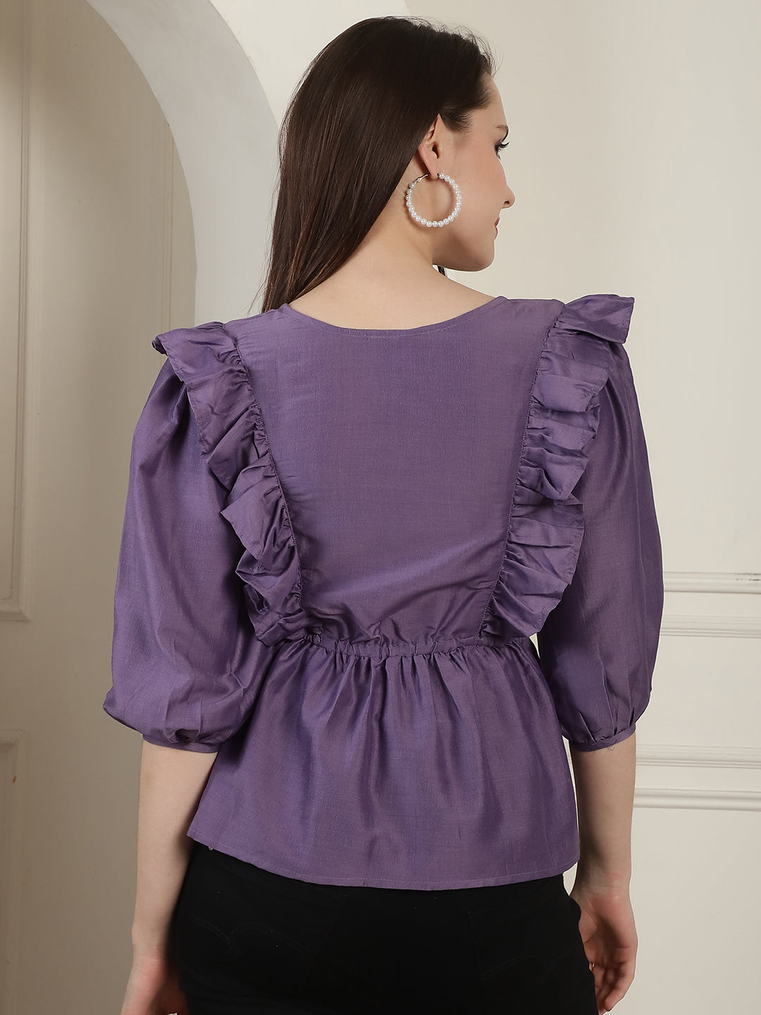 Women's Purple Solid Women's Top With Frills