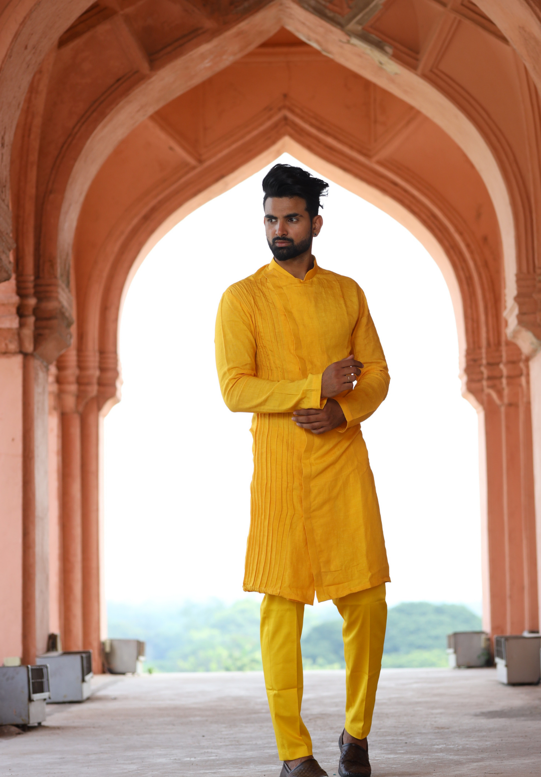 Men's Yellow Color Avar Yellow Designer Kurta Linen