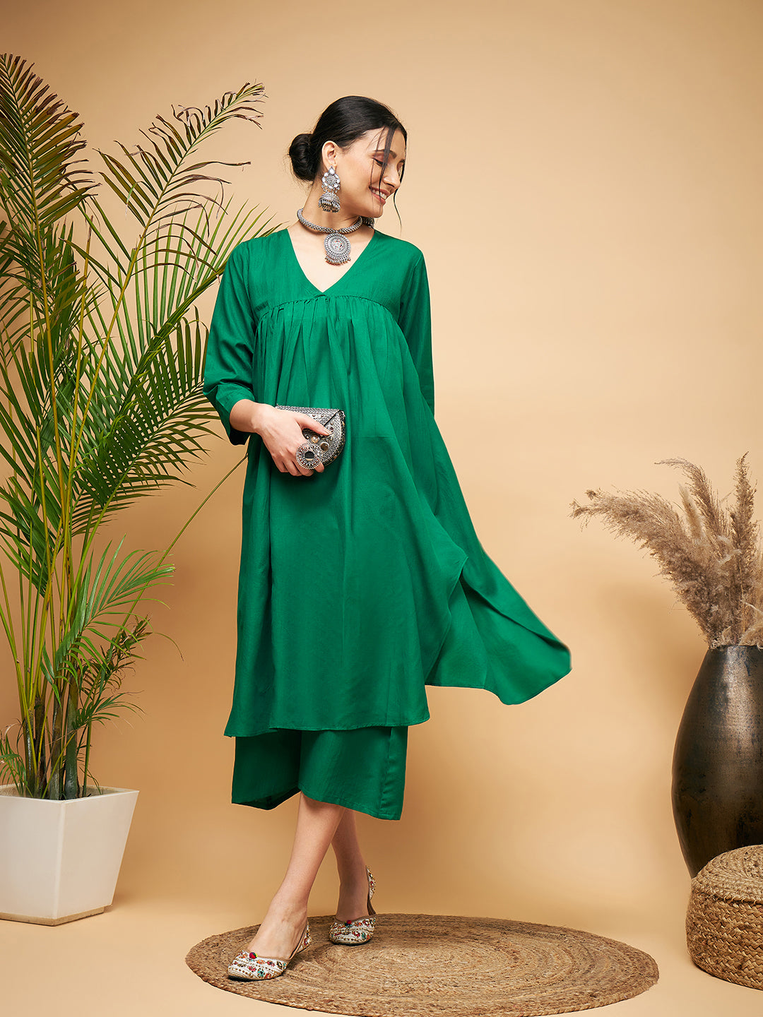 Women's Forest Green Flared Kurta Palazzo Set