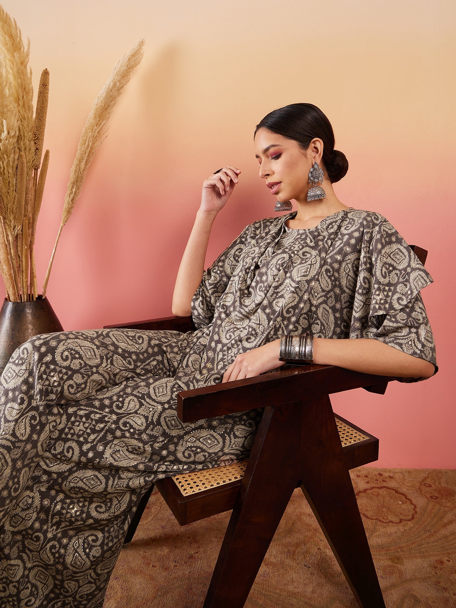 Women's Dull Brown Paisley Print Cowl Neck Top Bottom Set