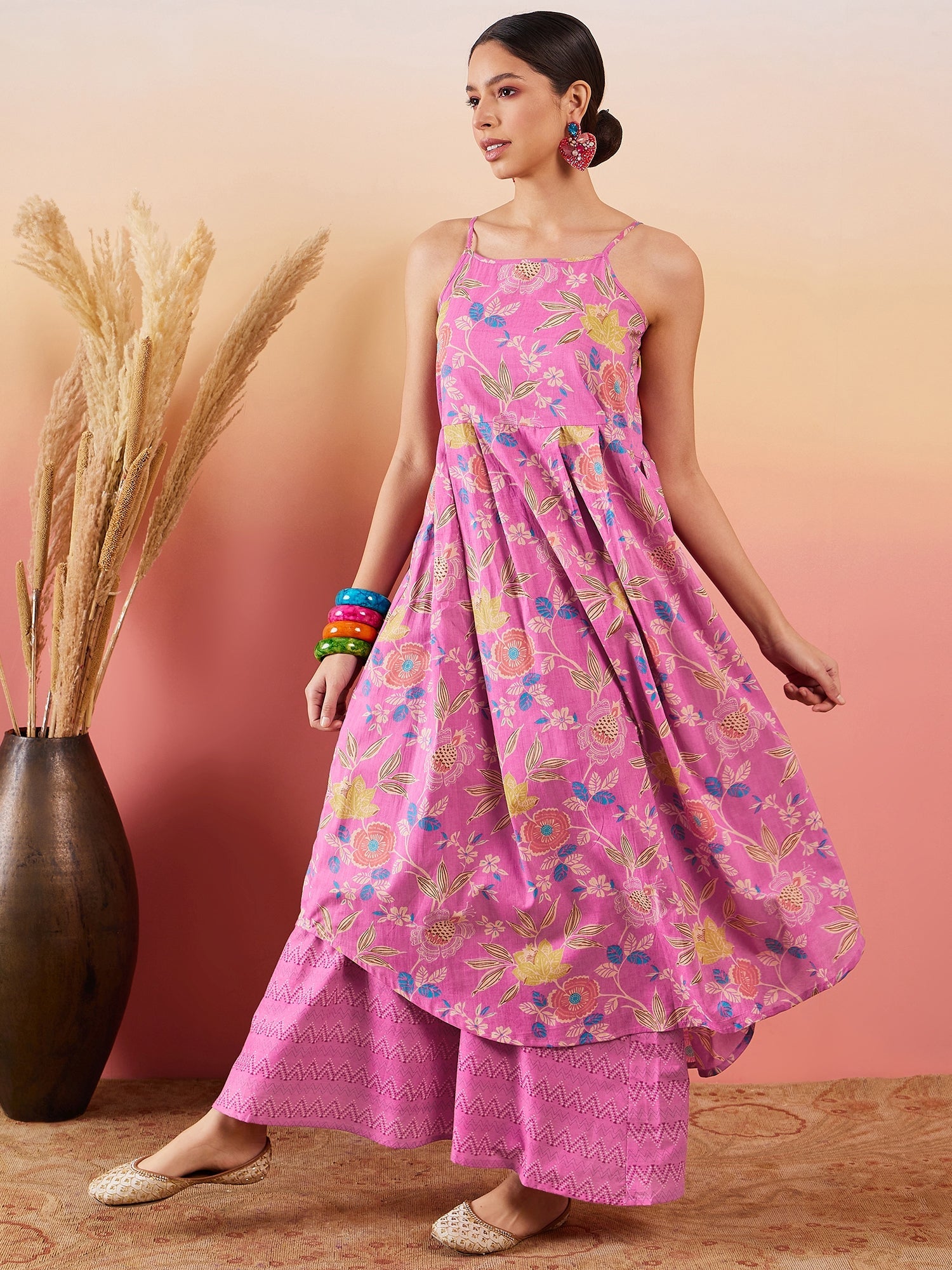 Women's Dull Pink Floral Print Strappy Printed Palazzo Set
