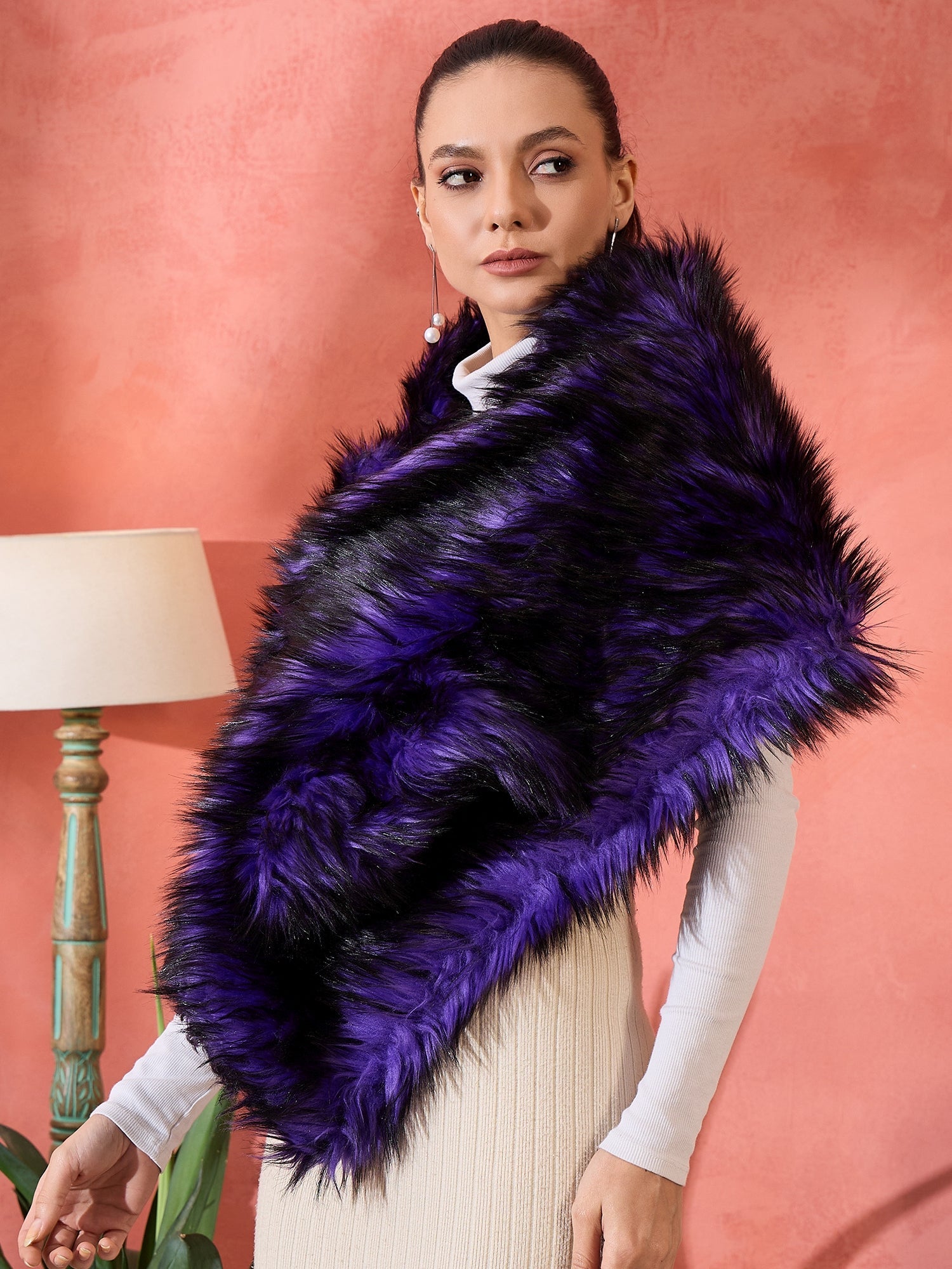 Women's Purple Black Faux Fur Cape
