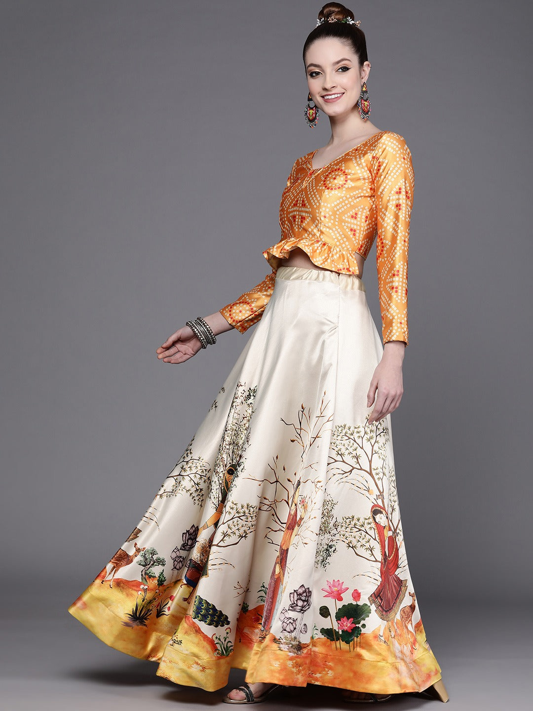 Women's Ethnic Motifs Digital Print Shiney Satin Croptop Lehenga Choli With Unstitched Blouse