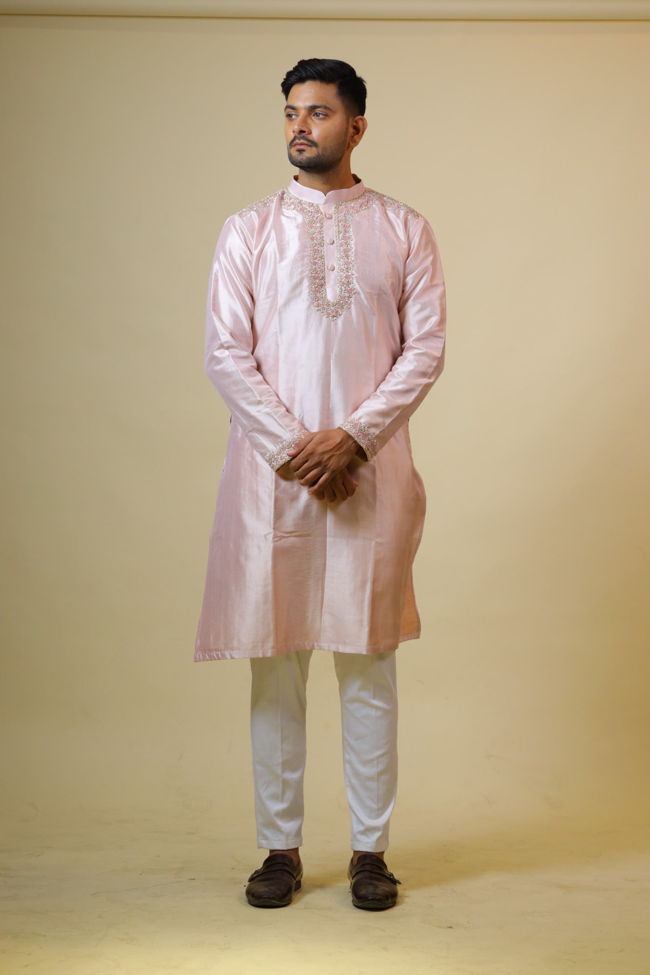 Men's Pink Color Light Coral Embroidered Collar Designer Kurta Dupion