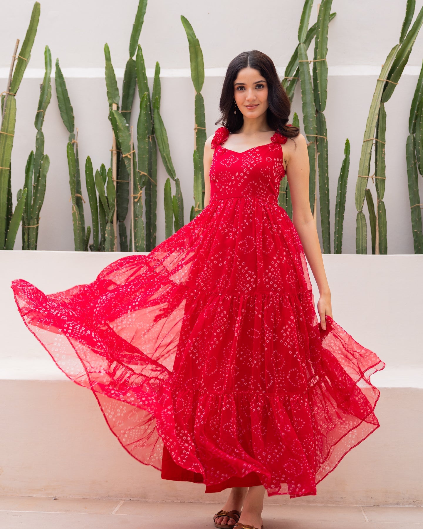 Women's Red Chiffon Bandhej Print Long Gown