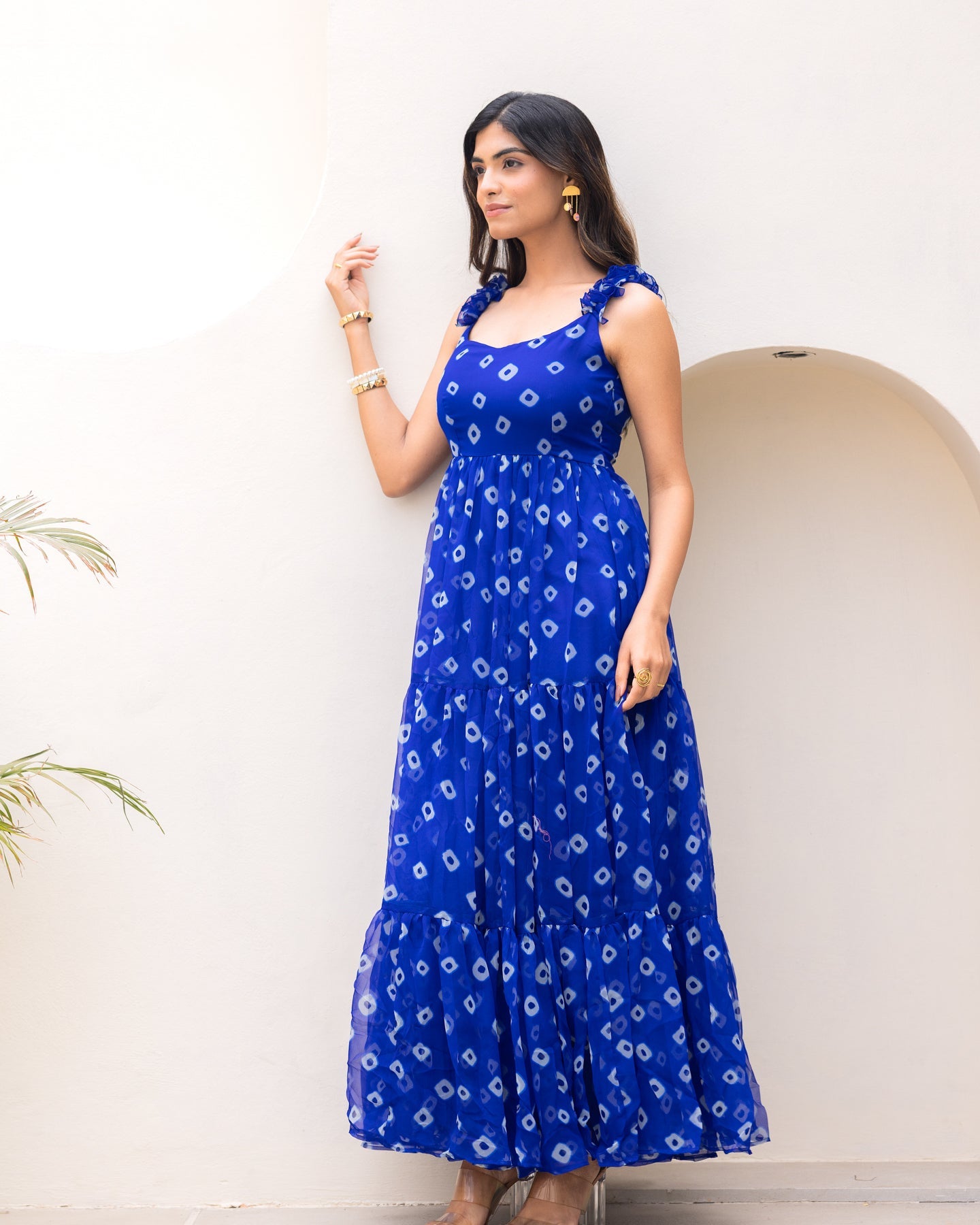 Women's Blue Chiffon Bandhej Print Long Gown