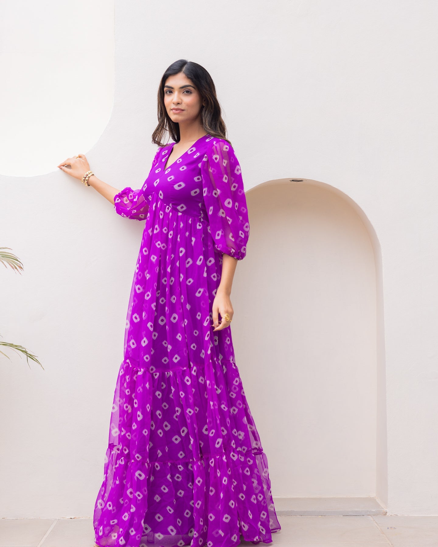 Women's Purple Chiffon Bandhej Print Long Gown
