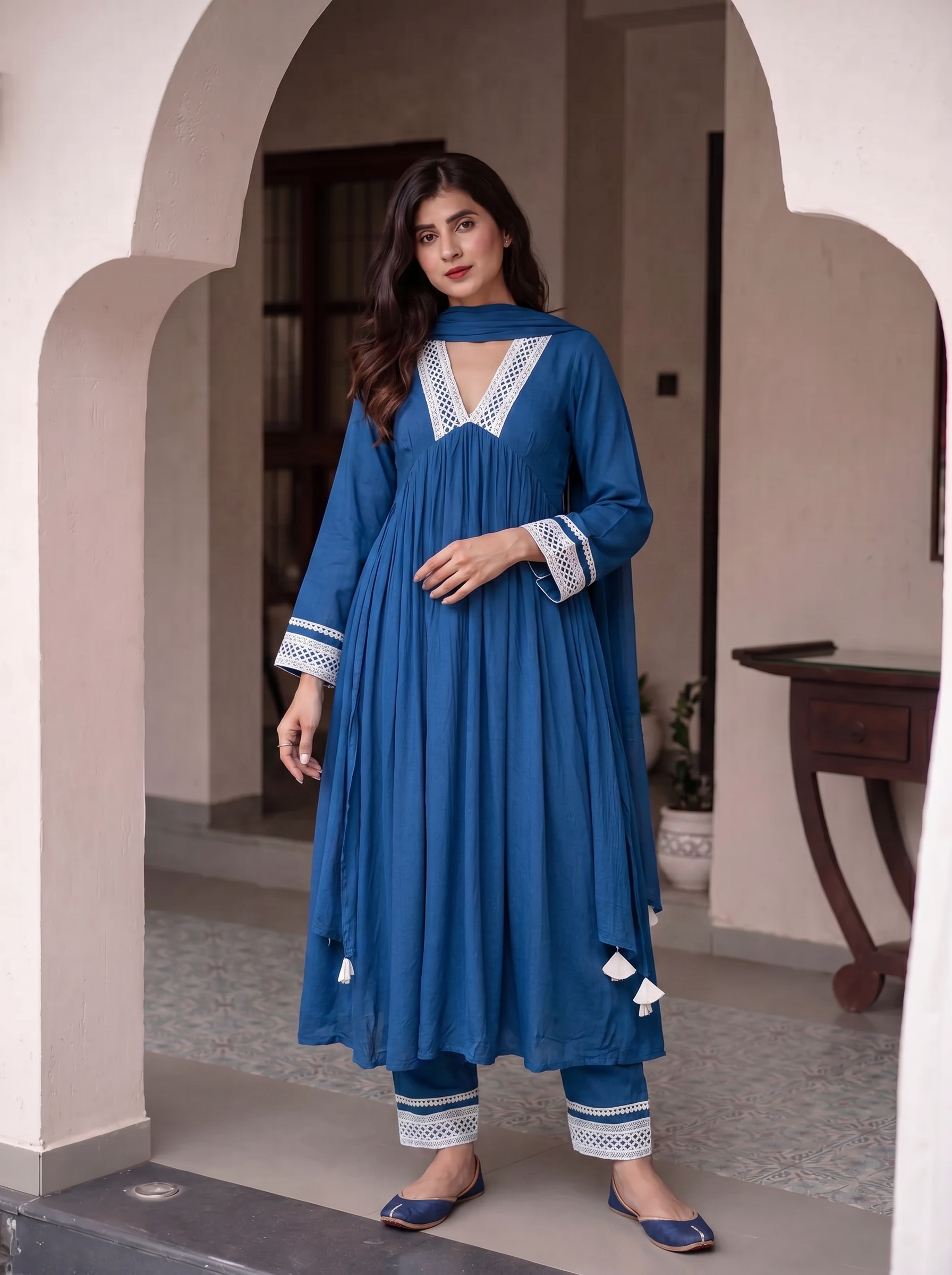 Women's Blue Rayon A-Line Anarkali Set with Lace Trim & Dupatta