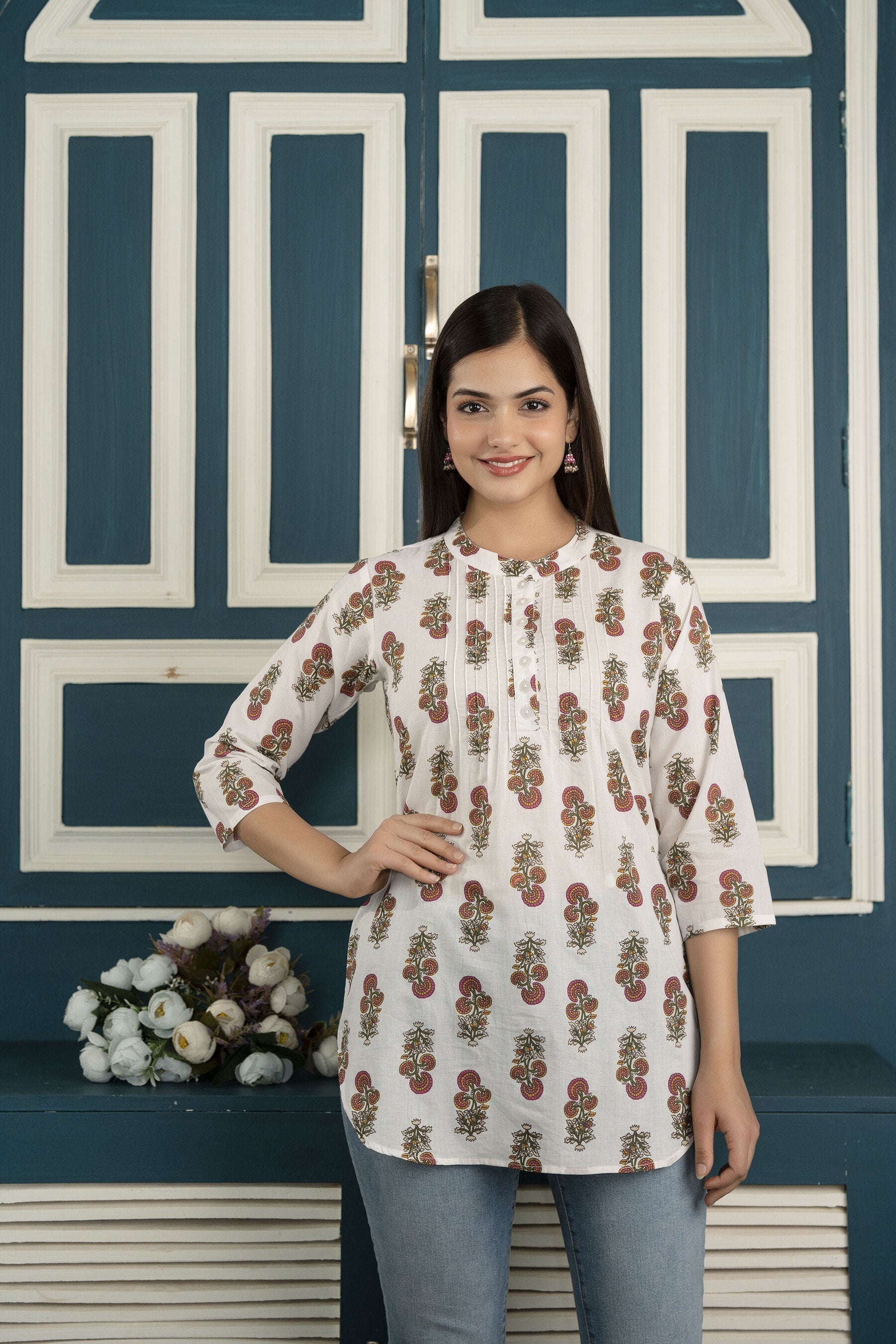 Women's White printed 3/4th sleeve cotton tunic