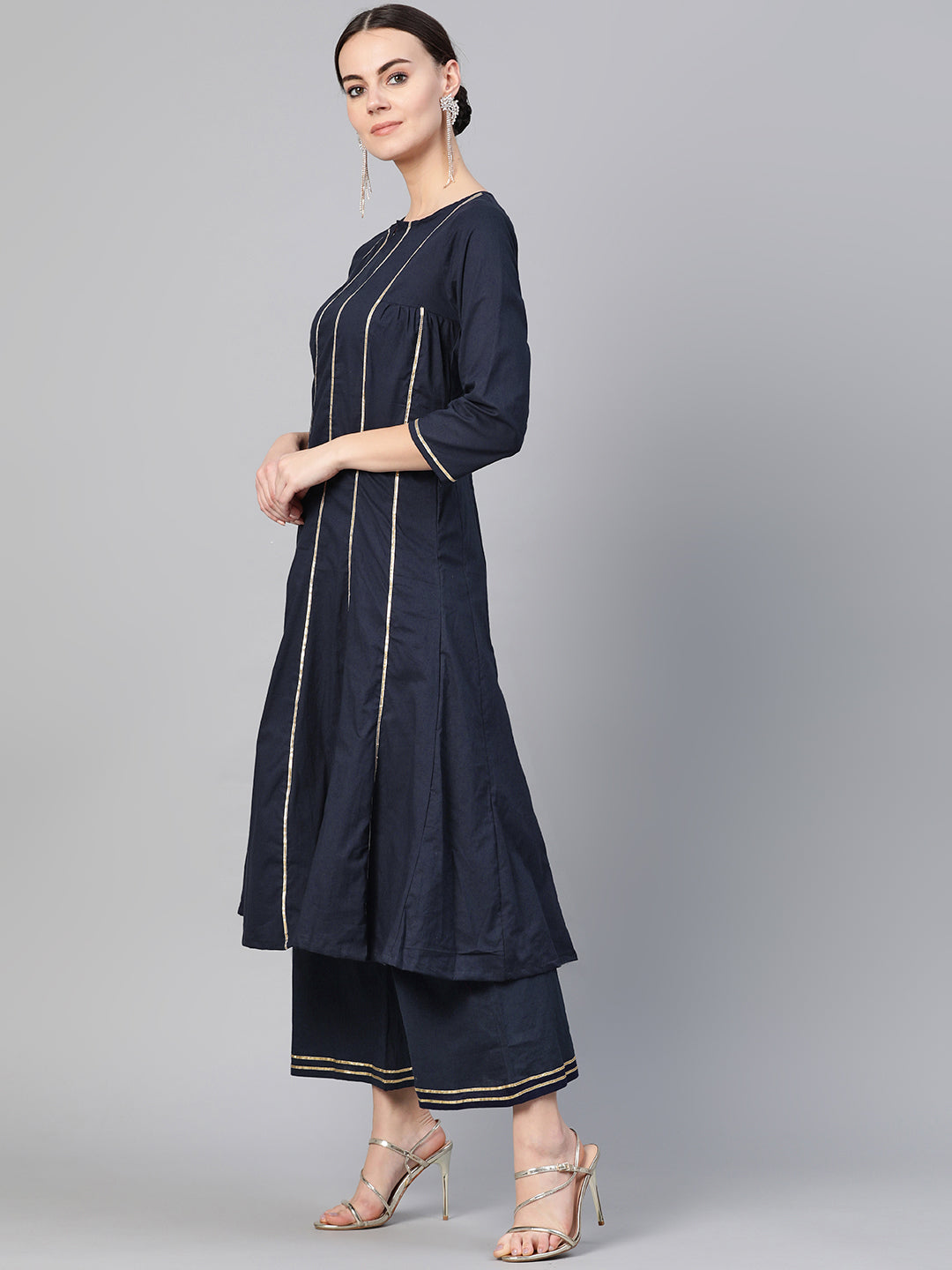 Women's Navy Blue Gottta Patti Striped Kurta With Palazzos