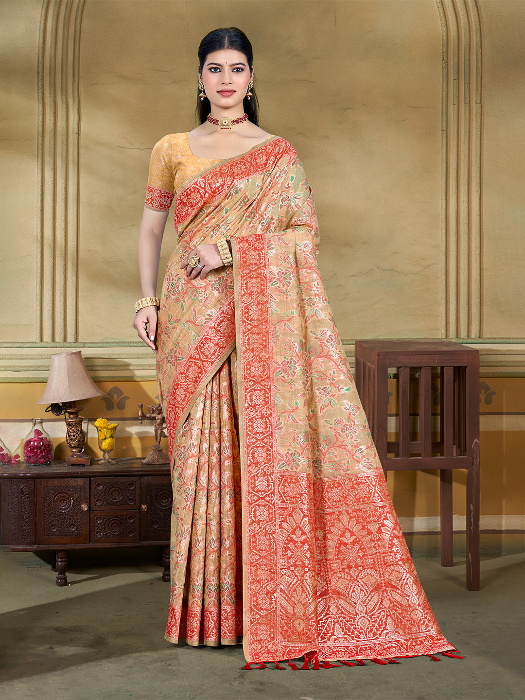 Women's Beige Cottan Silk With Meena Woven Work Traditional Saree