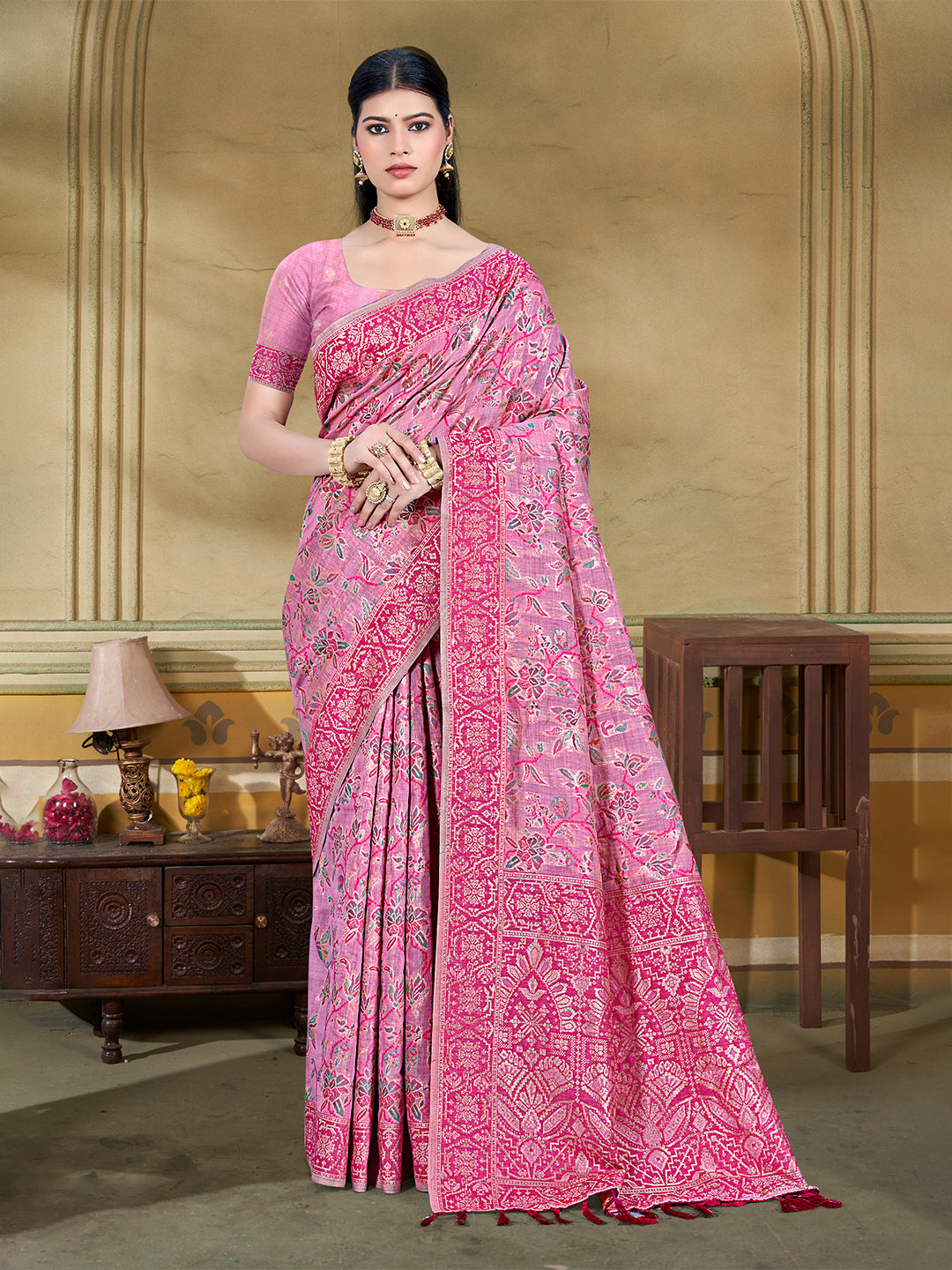 Women's Pink Cottan Silk With Meena Woven Work Traditional Saree