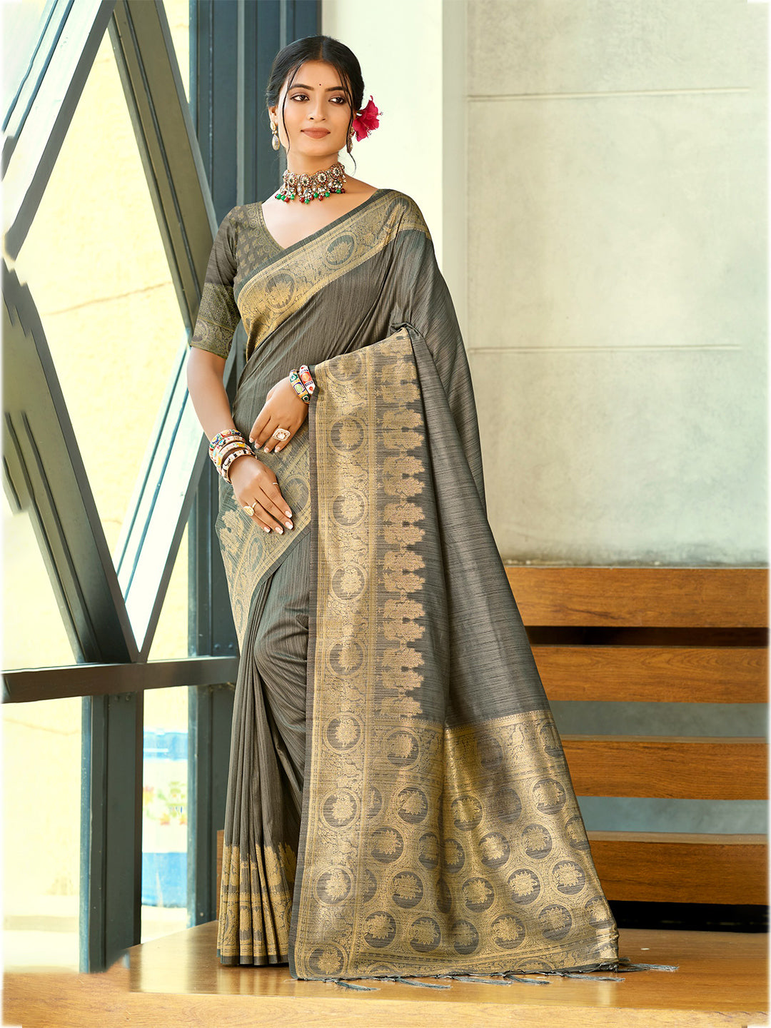 Women's Grey Assam Silk Woven Work Traditional Saree