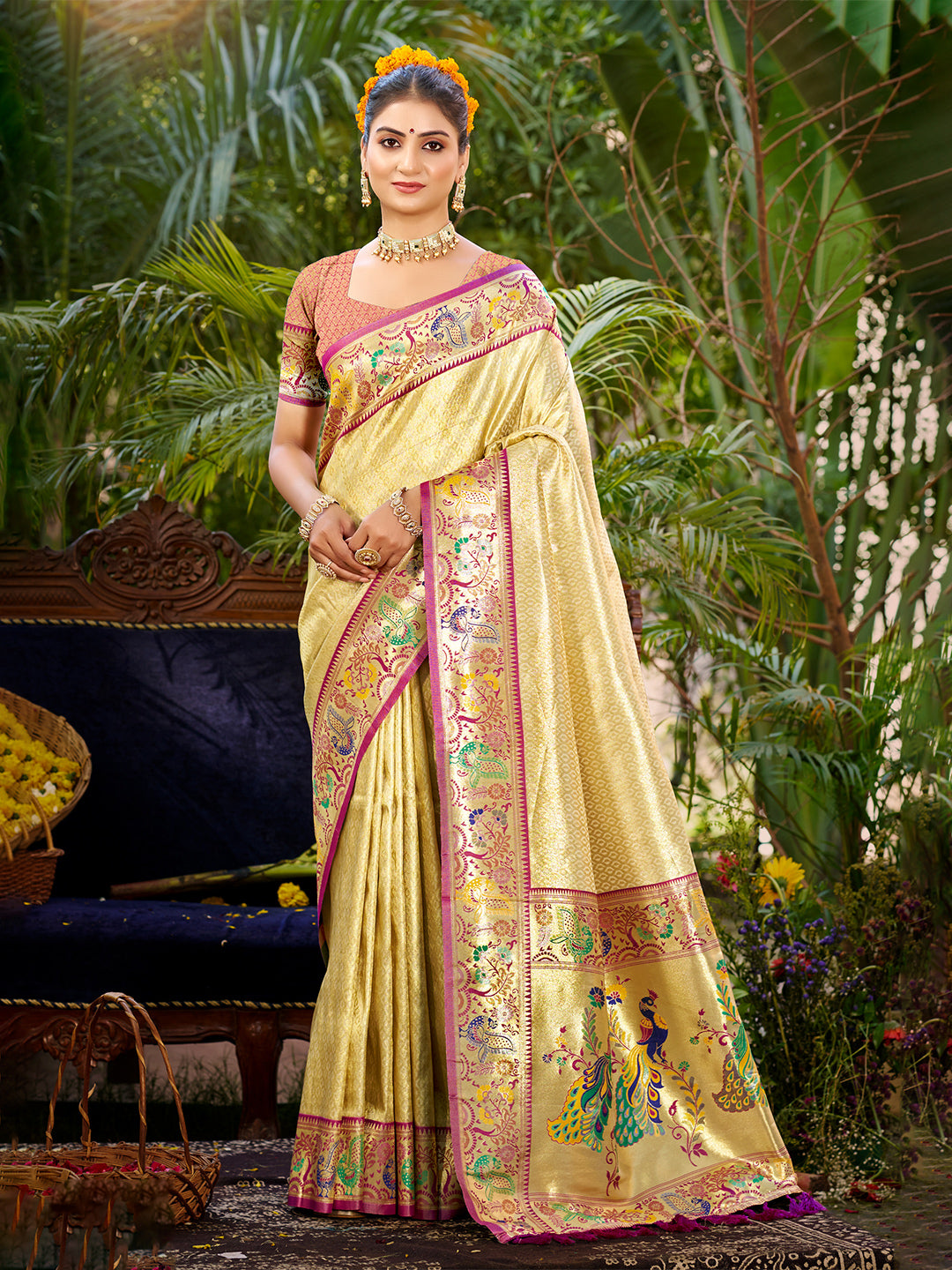 Women's Beige Silk Woven Work Traditional Saree