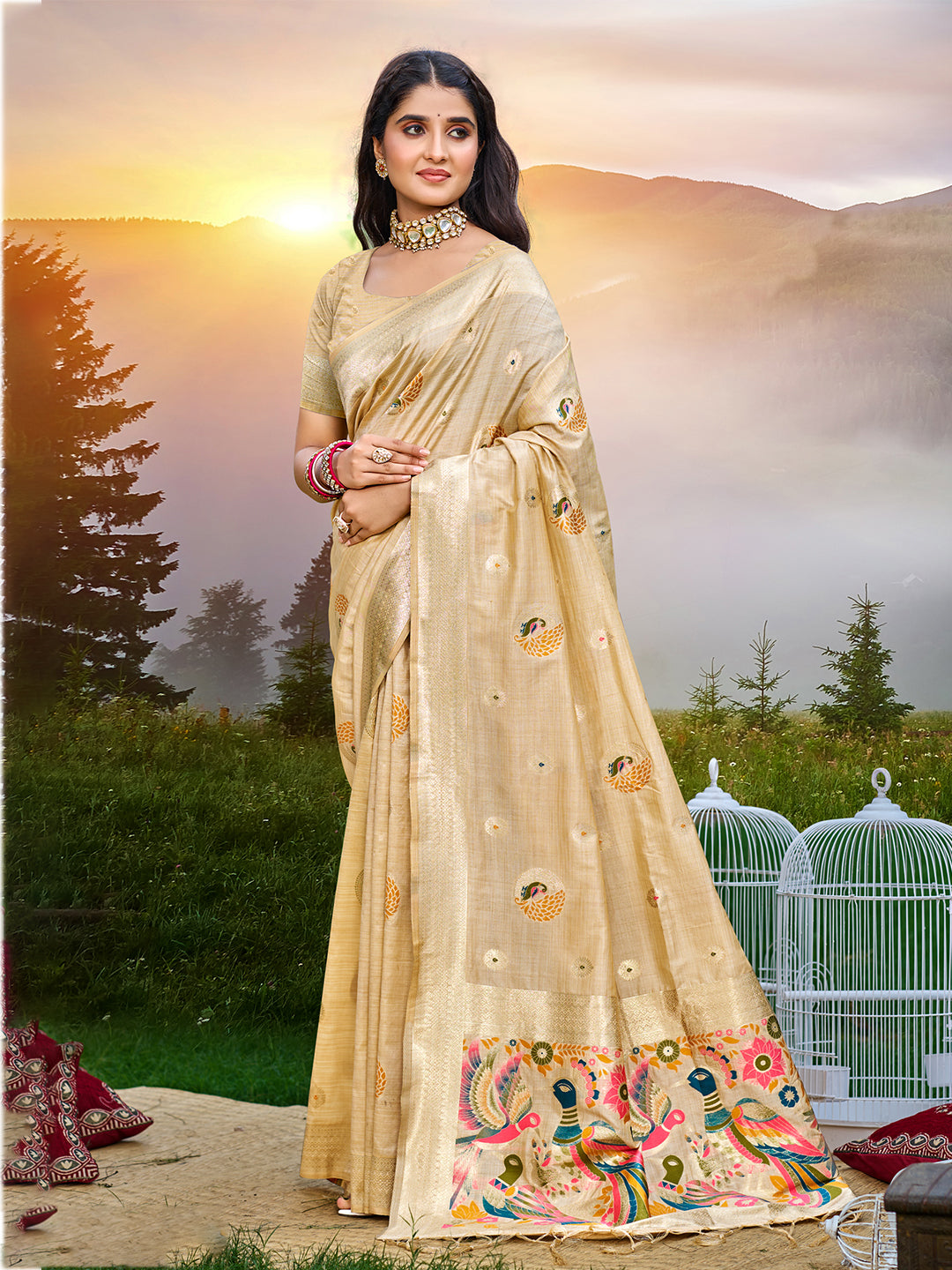 Women's Cream Havy Assam Silk Saree With Meena Woven Work Traditional Saree