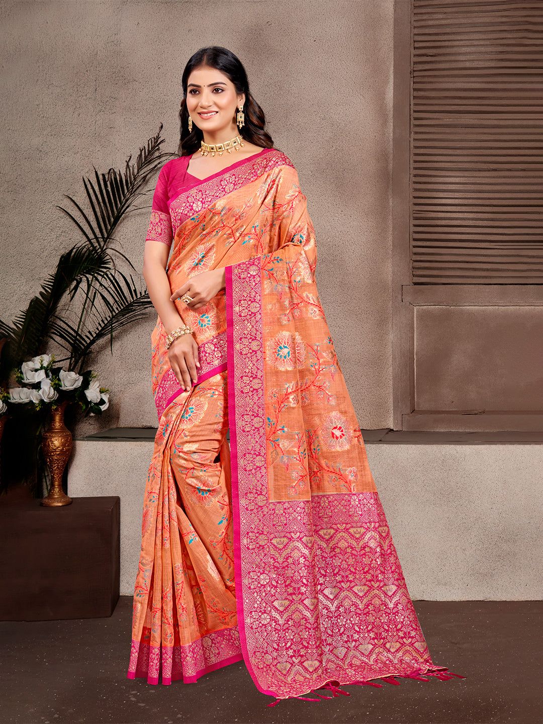 Women's Orange Cottan Silk With Meena Woven Work Traditional Saree