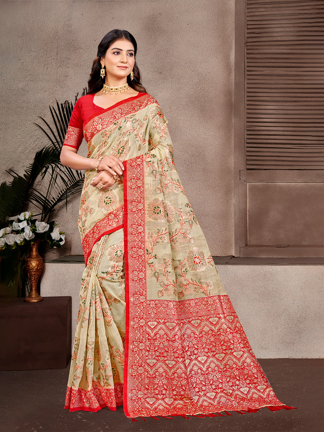Women's Beige Cottan Silk With Meena Woven Work Traditional Saree