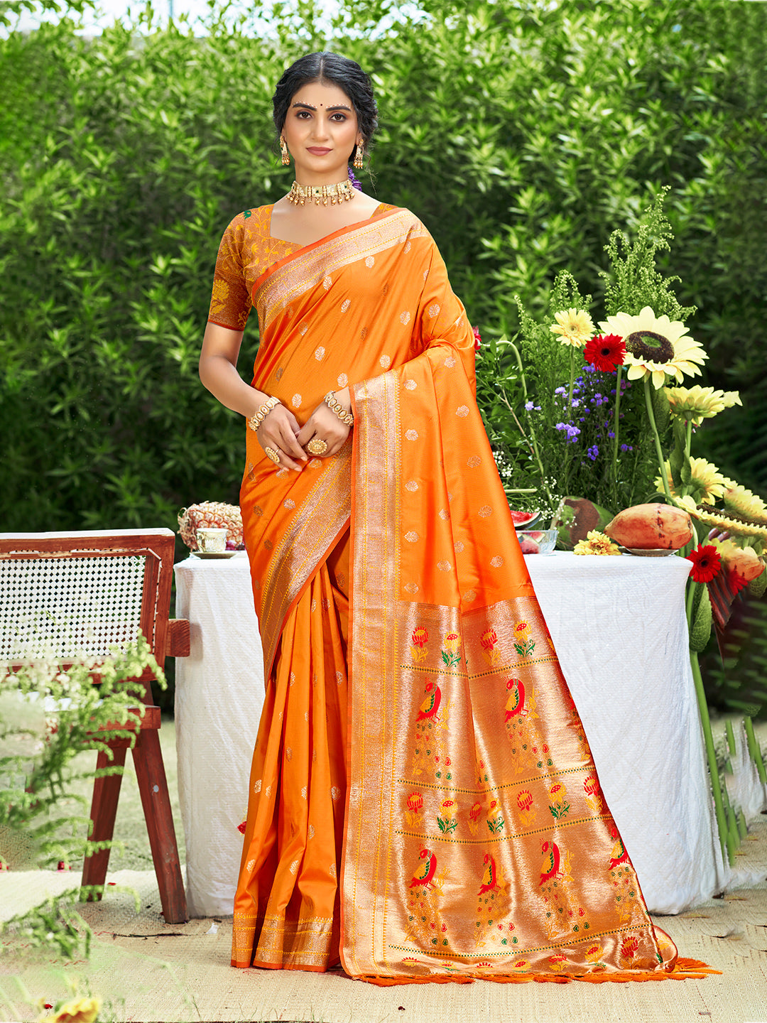 Women's Orange Silk Woven Work Traditional Saree