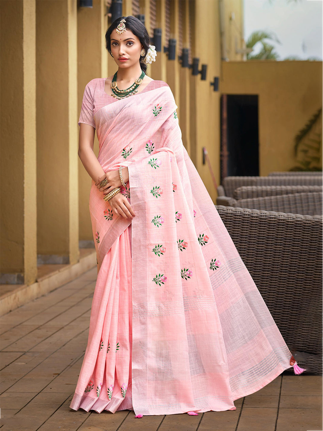 Women's Light Pink Linen Woven Work Traditional Saree