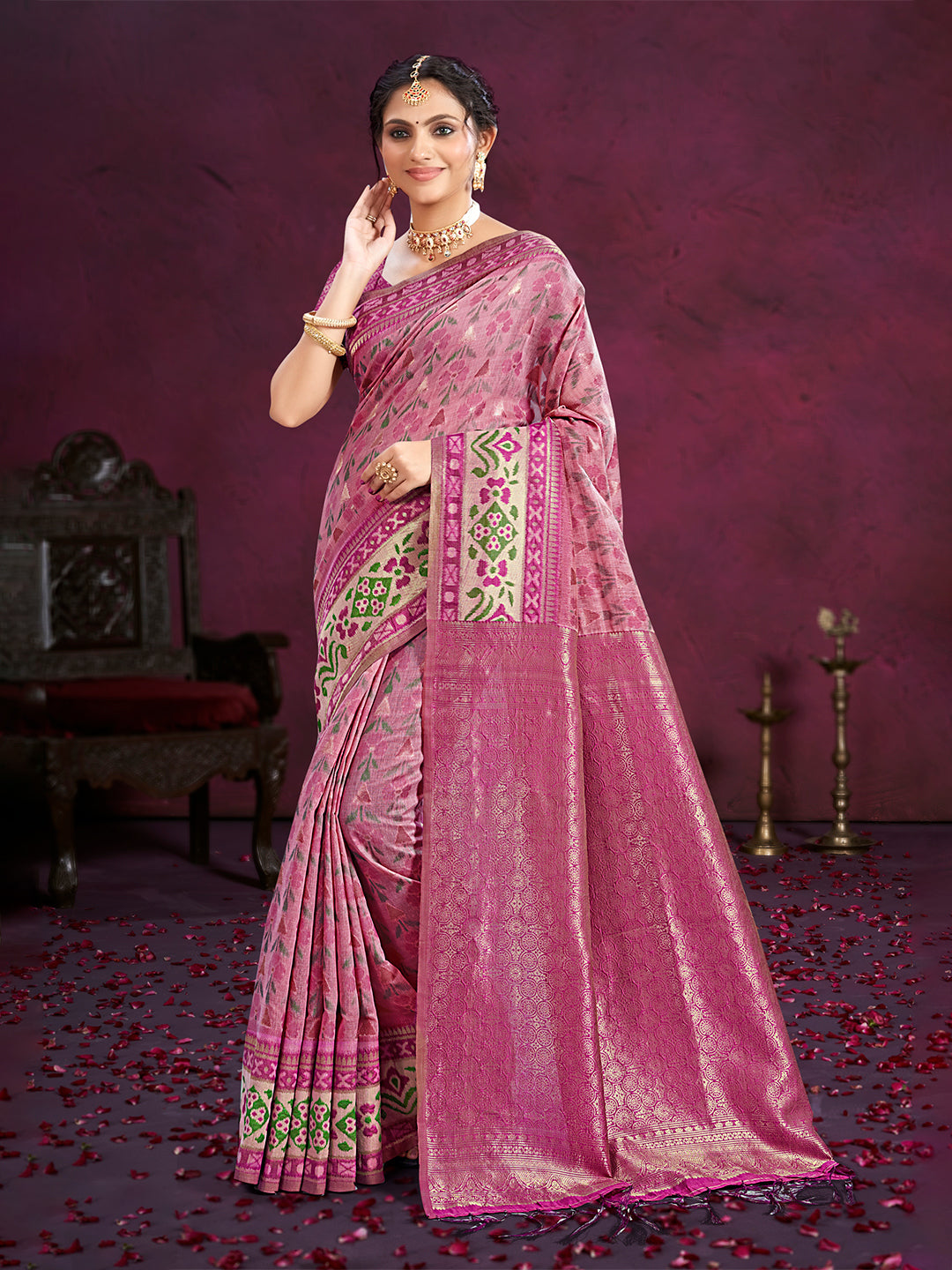 Women's Light Pink Cotton Silk With Meena Woven Work Traditional Saree