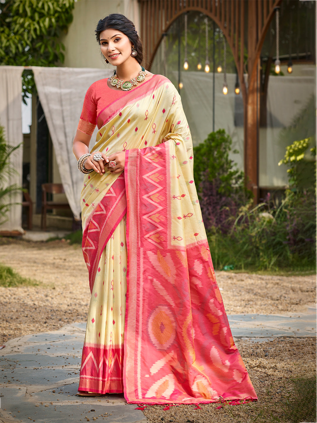 Women's Cream Silk Woven Work Traditional Saree