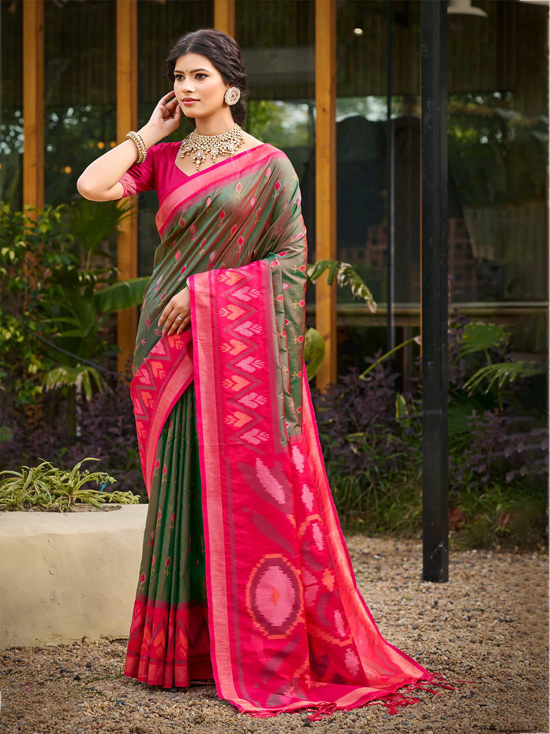 Women's Olive Green Silk Woven Work Traditional Saree