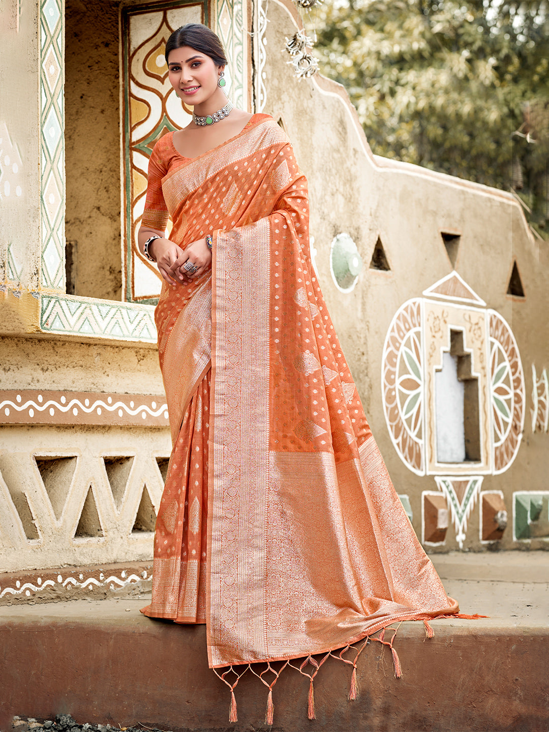 Women's Orange Assam Silk Woven Work Traditional Saree