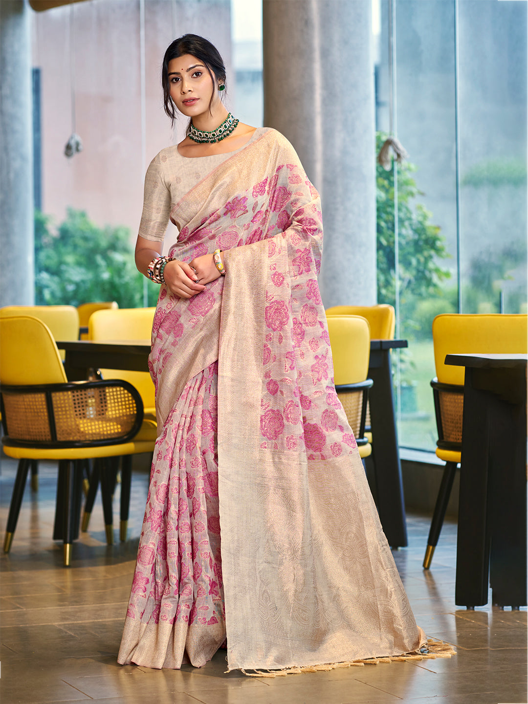 Women's Pink Cotton Silk Woven Work Traditional Saree