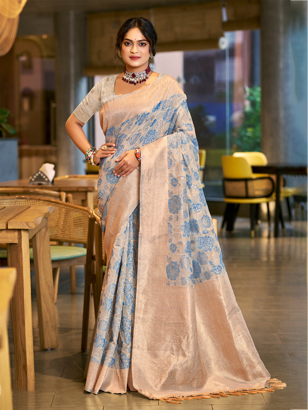 Women's Sky Blue Cotton Silk Woven Work Traditional Saree
