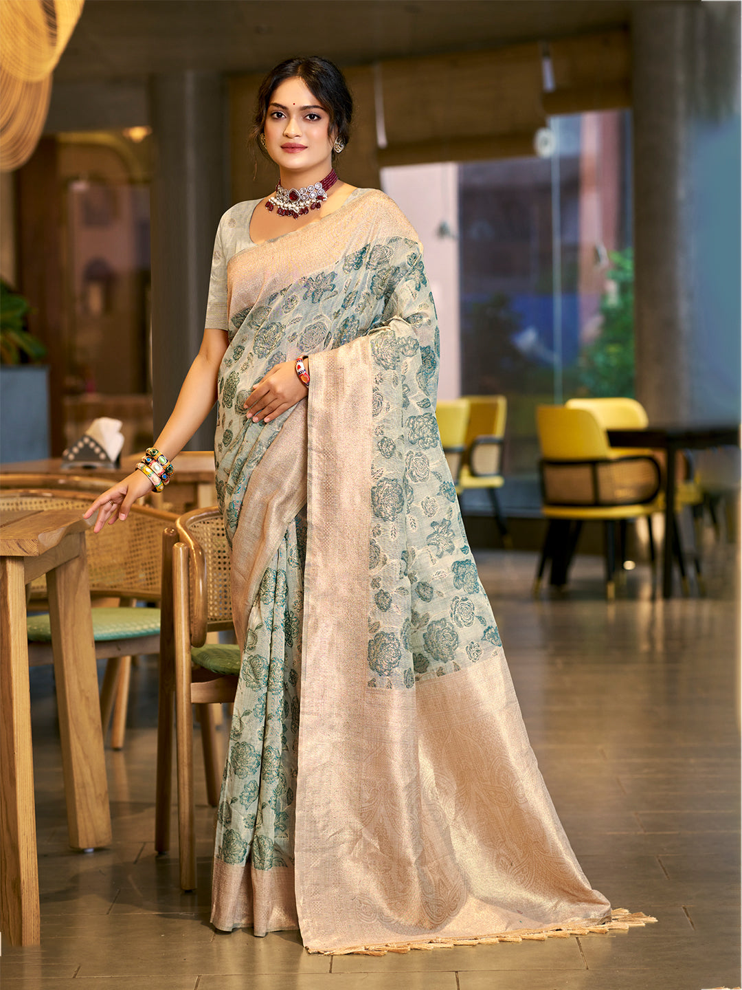 Women's Green Cotton Silk Woven Work Traditional Saree