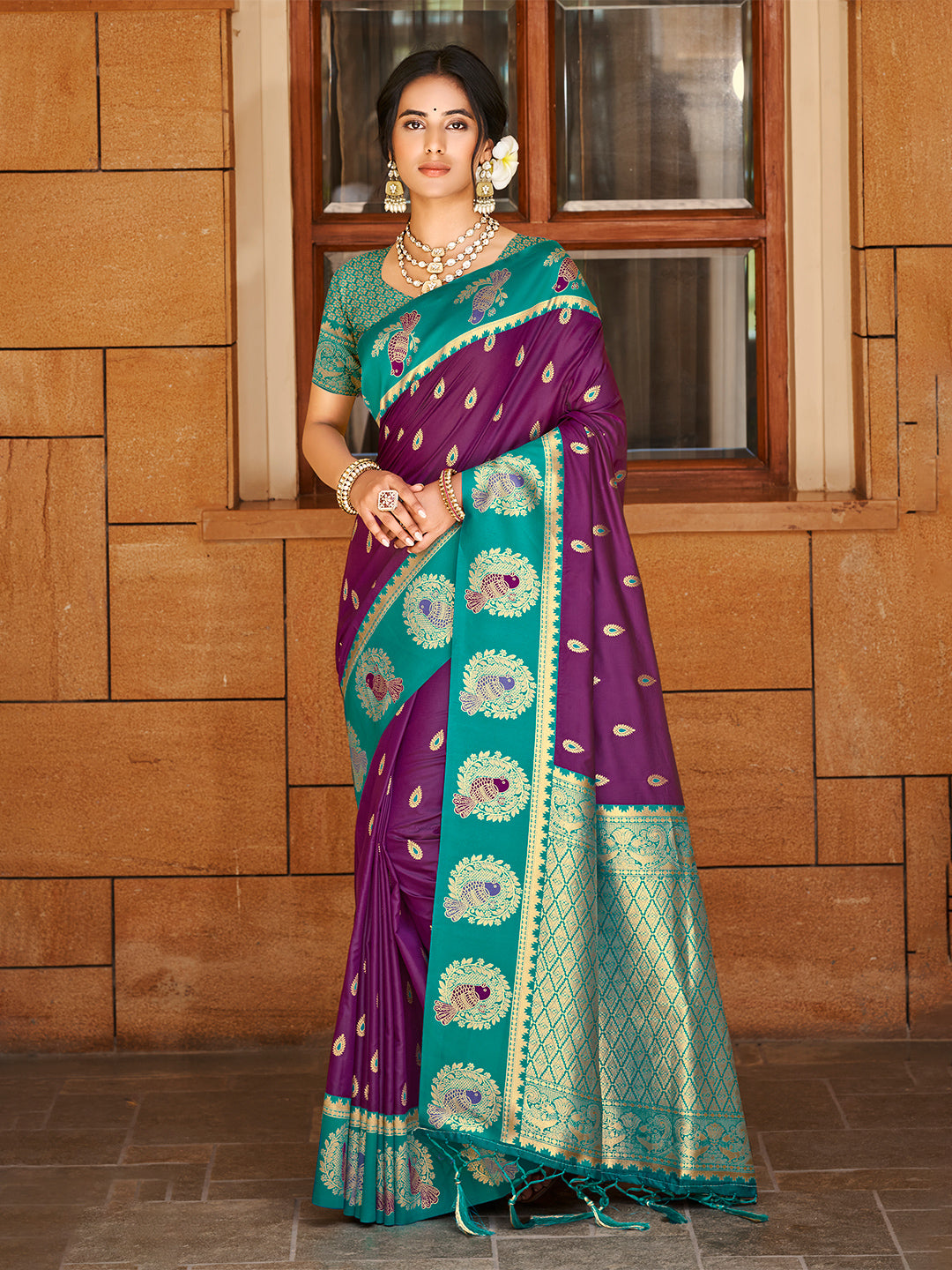 Women's Wine Silk Woven Work Traditional Saree