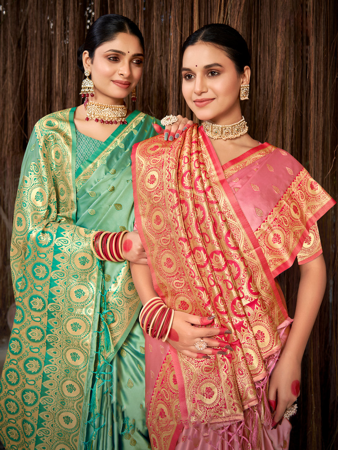 Women's Pink Stain Silk Woven Work Traditional Tassels Saree