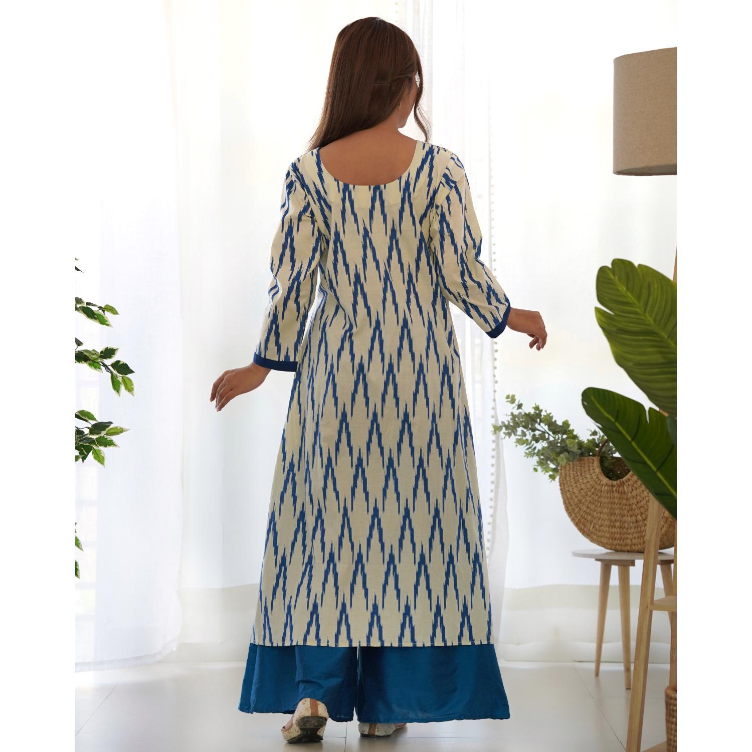 Women's White Ikat Kurta Palazzo Set