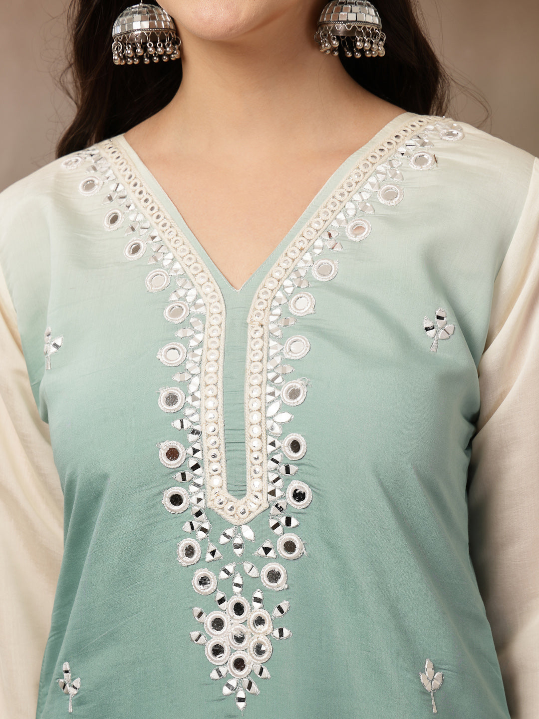 Women's Aqua Solid & Mirror Work Silk Blend Co-Ords Set