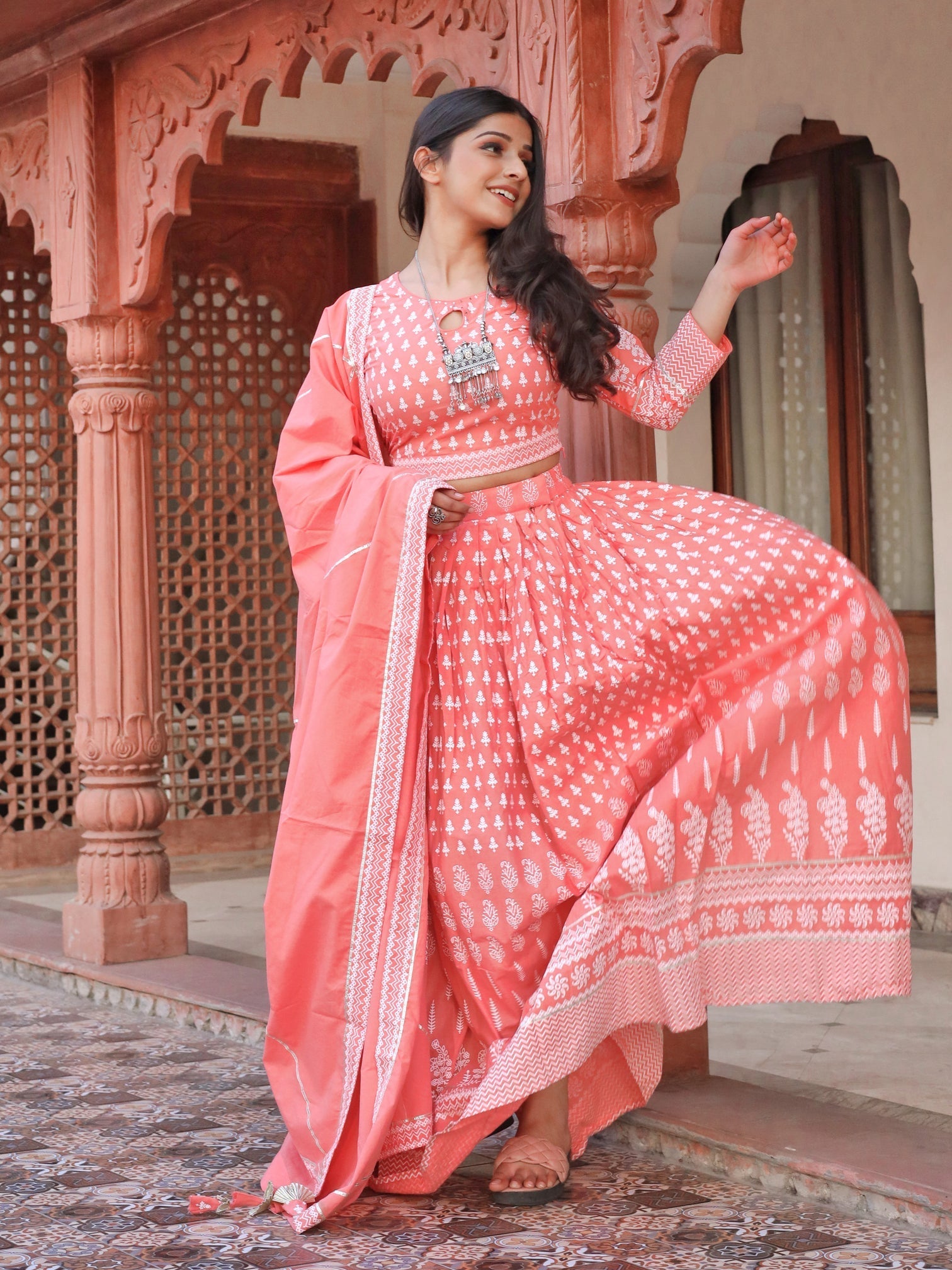 Women's Pink Printed Crop Top, lehenga with Dupatta set