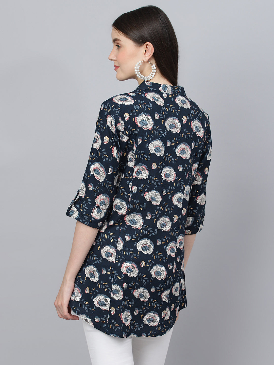 Women's Blue Floral printed Rayon A-line Shirts Style Top