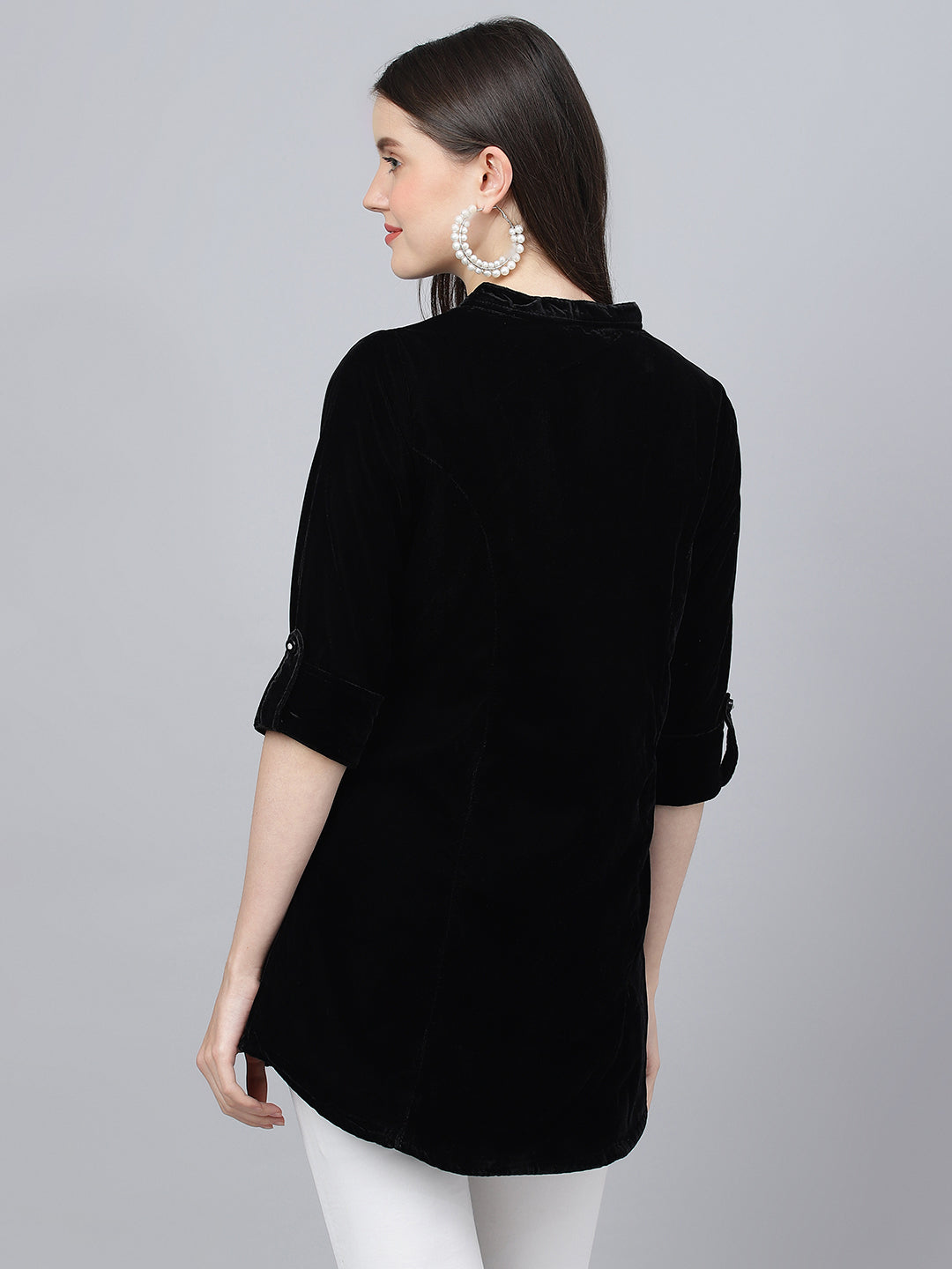 Women's Black Solid Velvet A-line Shirts Style Top